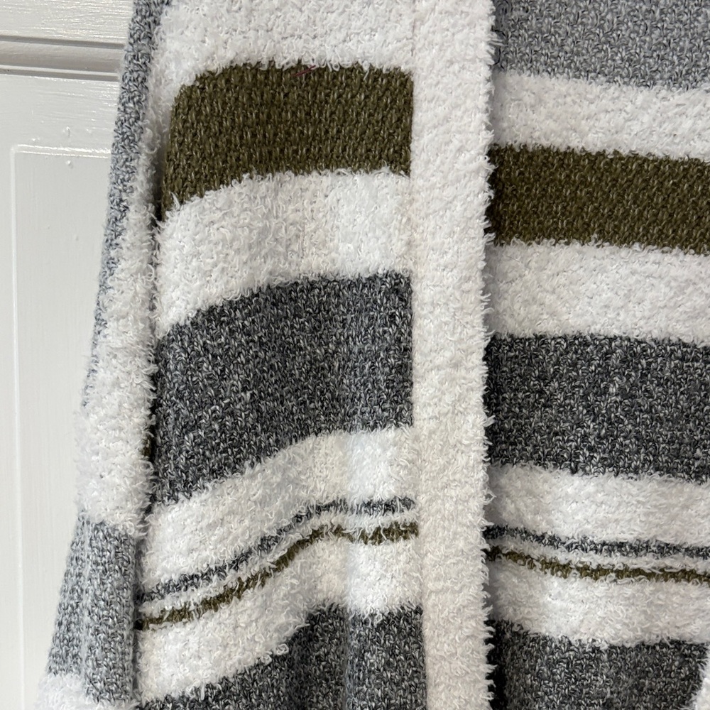 🎈5 for $15🎈Pink Clover Cozy Striped Open Cardigan - Gray, White & Olive - Picture 3 of 5